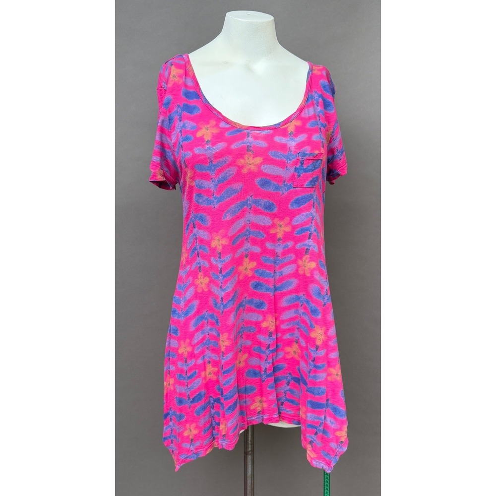 Fresh Produce Tunic Large Pink Purple Batik Floral Sharkbite Hem Boho Cotton